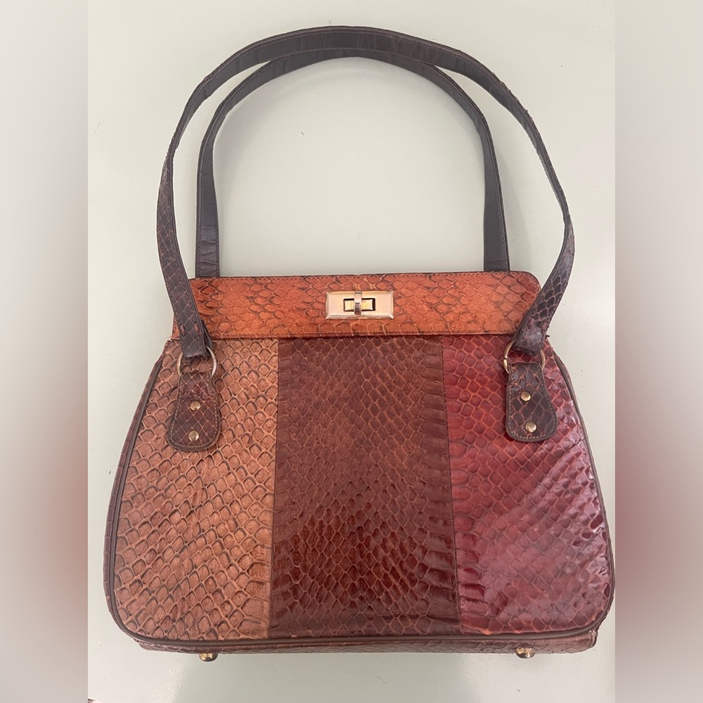 Vintage 60s Genuine Snakeskin Patchwork Handbag Purse Brown Multitone Box Bag
